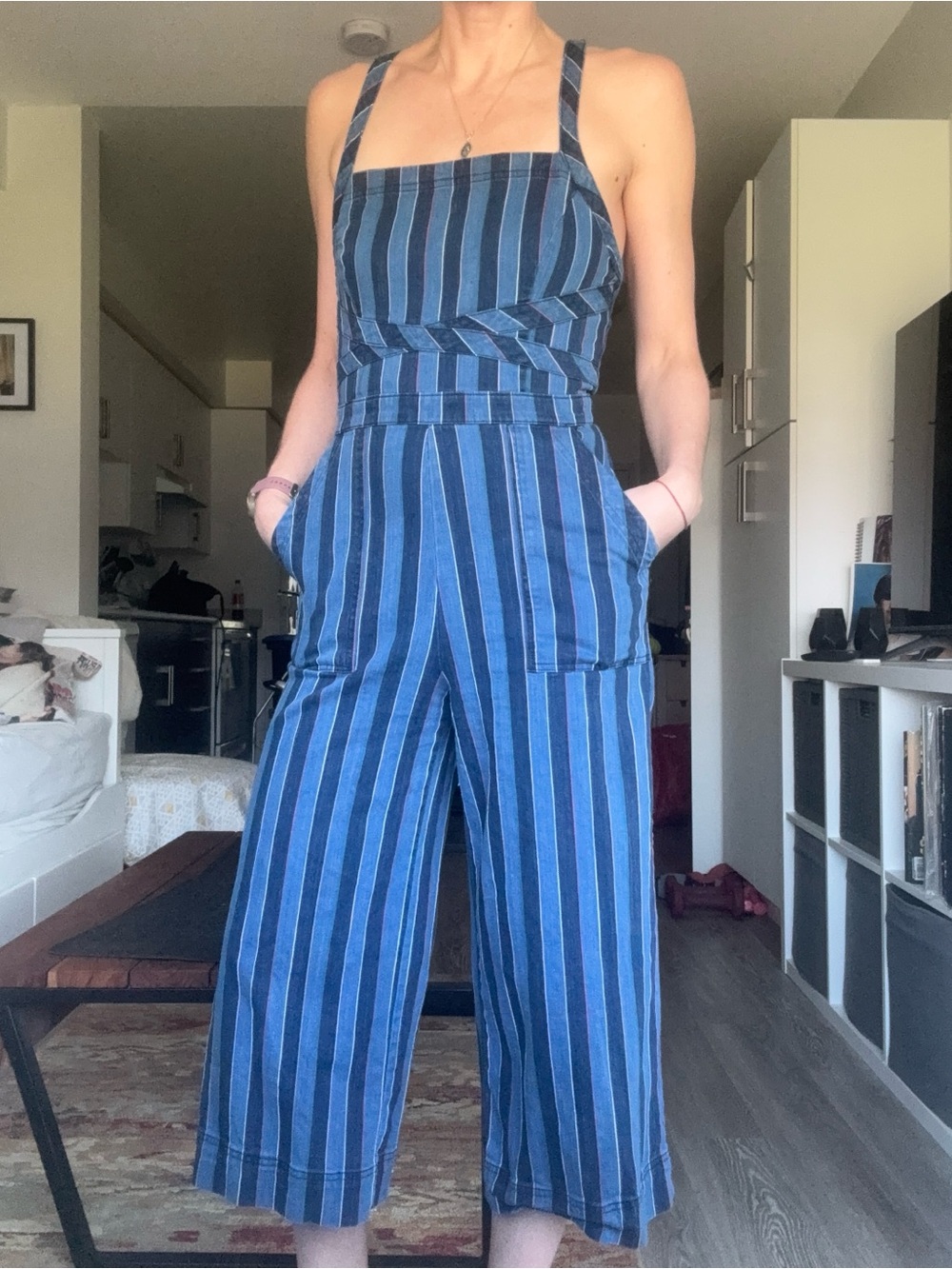 Anthropologie Blue Striped Square-Neck Jumpsuit